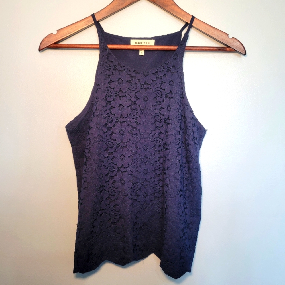 Monteau Women's Blue Halter Tank Top w/ Floral Lace Spaghetti Straps Size Small